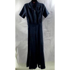 STAUD Women's Navy Linen-Blend Half-Button Wide-Leg Short Sleeve Jumpsuit SZ 2